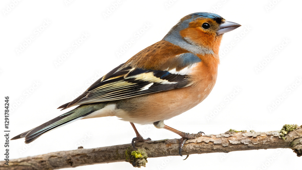 Chaffinch bird perched on branch, white background Chaffinch bird perched on branch, white background