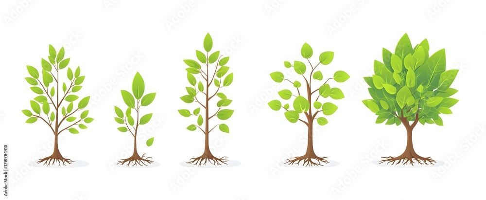 Fototapeta premium Growth stages of a tree, illustration showing plant development from sapling to mature tree