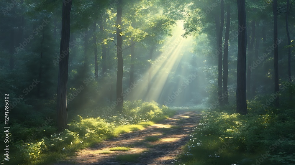 Obraz premium Sunbeams Forest Path, Peaceful Scenery, Nature