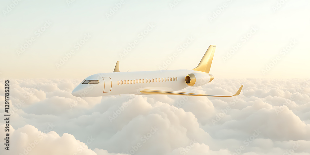 Aerial view of a white airplane with gold accents soaring above a sea of fluffy, white clouds. The sky is light and serene, creating a sense of luxury travel. Aerial view of a white airplane with gold accents soaring above a sea of fluffy, white clouds. The sky is light and serene, creating a sense of luxury travel.
