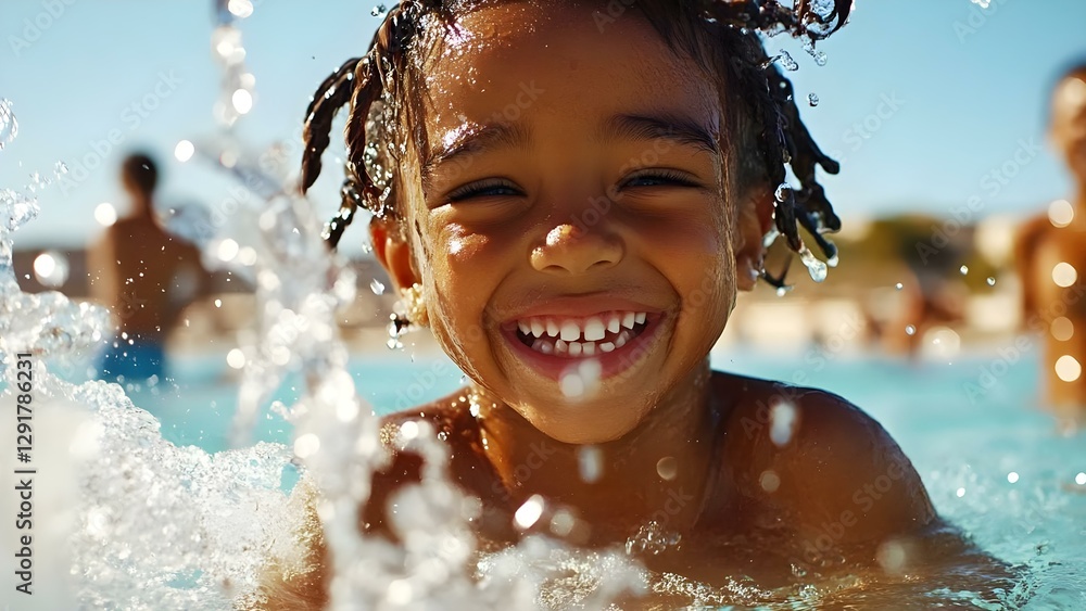 Obraz premium A cheerful child with braided hair smiles brightly while playing in water, surrounded by splashes on a sunny day. Concept Cheerful Child, Braided Hair, Water Play, Sunny Day, Joyful Moments