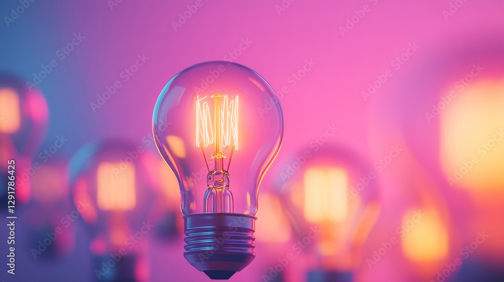 Glowing light bulbs on a vibrant pastel background symbolize creativity, innovation, and bright ideas. The minimalistic design offers space for text or branding, conveying inspiration and ingenuity Glowing light bulbs on a vibrant pastel background symbolize creativity, innovation, and bright ideas. The minimalistic design offers space for text or branding, conveying inspiration and ingenuity
