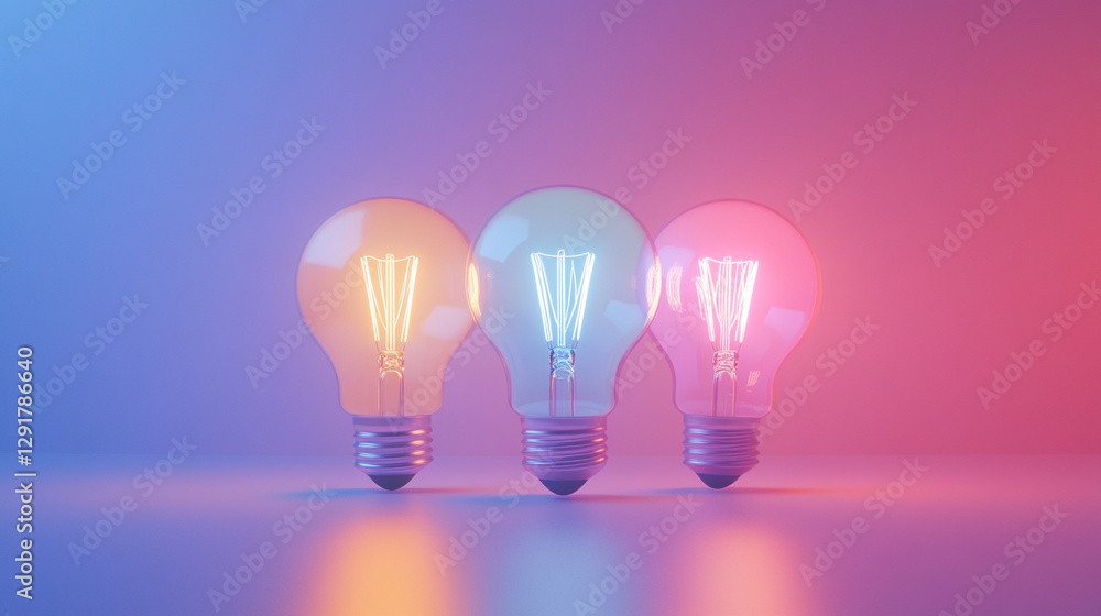 Glowing light bulbs on a vibrant pastel background symbolize creativity, innovation, and bright ideas. The minimalistic design offers space for text or branding, conveying inspiration and ingenuity Glowing light bulbs on a vibrant pastel background symbolize creativity, innovation, and bright ideas. The minimalistic design offers space for text or branding, conveying inspiration and ingenuity