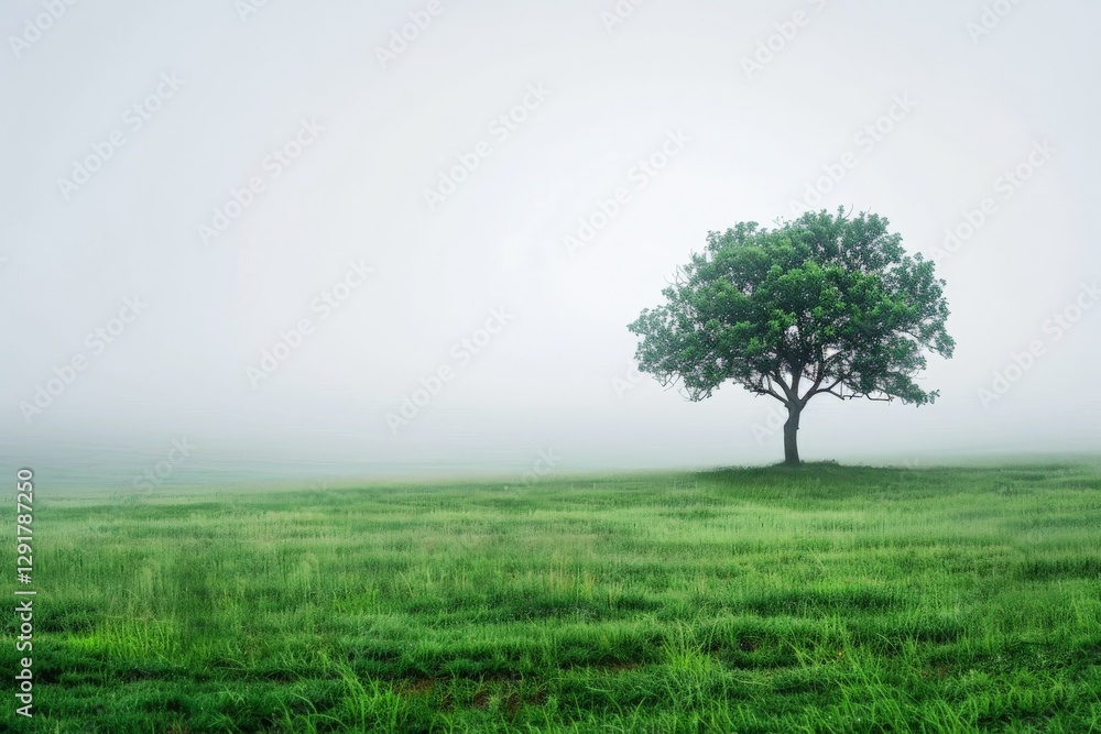 Fototapeta premium Misty landscape featuring a solitary tree amidst lush green grass on a serene morning