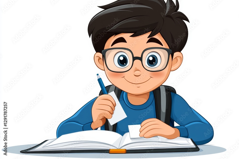 a 2D cartoon illustration of a student studying vocabulary with flashcards, focused and attentive, white background a 2D cartoon illustration of a student studying vocabulary with flashcards, focused and attentive, white background