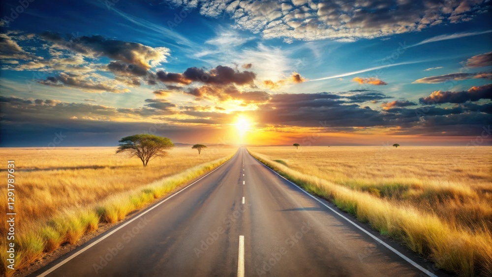 Naklejka premium Asphalt ribbon unwinding towards a vibrant sunset over a golden savanna, solitude and adventure beckoning on a journey ahead