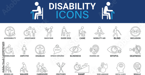 Disability icon set. Containing wheelchair, accessibility, blind, broken leg, disabled, assistance and deafness icons. Solid icon collection. Vector illustration.