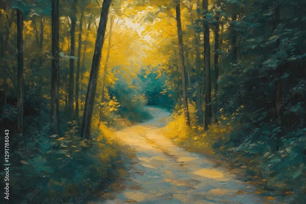 Obraz premium Serene forest path illuminated by warm sunlight during mild weather. Concept evokes tranquility, inviting exploration along this picturesque route through nature.
