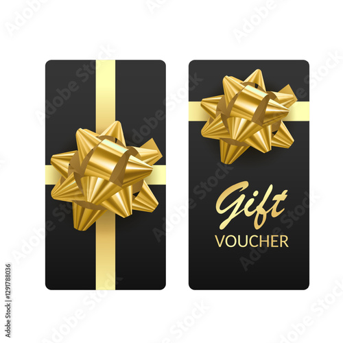 Golden voucher or gift card, gold certificate for discount. Set of isolated template for present coupon with ribbon and bow. Vector illustration