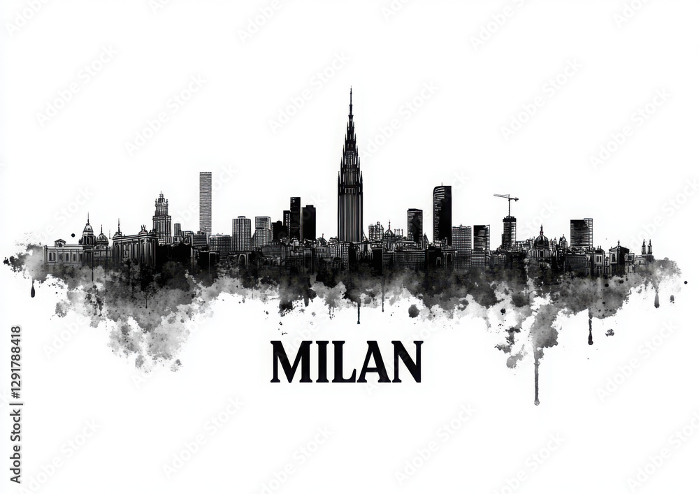 Fototapeta premium Milan Italy Skyline BW, abstract painting travel illustration urban art modern downtown landmarks skyscrapers colorful artwork architecture 