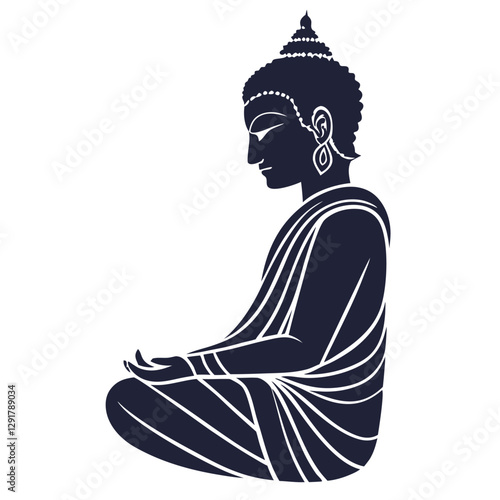 Vector silhouette of buddha meditating in lotus position, conveying serenity, mindfulness, and spiritual awakening, promoting peace and harmony through meditation practice