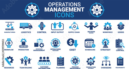 Operations management icon set. Containing production, logistics, supply chain, manufacturing, planning, inventory management, strategy, customer satisfaction and cost icons. Solid icon collection.