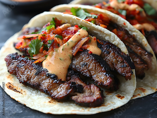 A smoky Korean bulgogi taco topped with kimchi slaw. photo