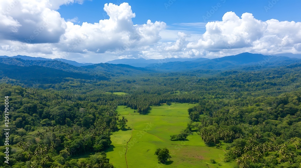 Obraz premium Aerial view of a lush green landscape with a grassy field and mountains under a blue cloudy sky for travel