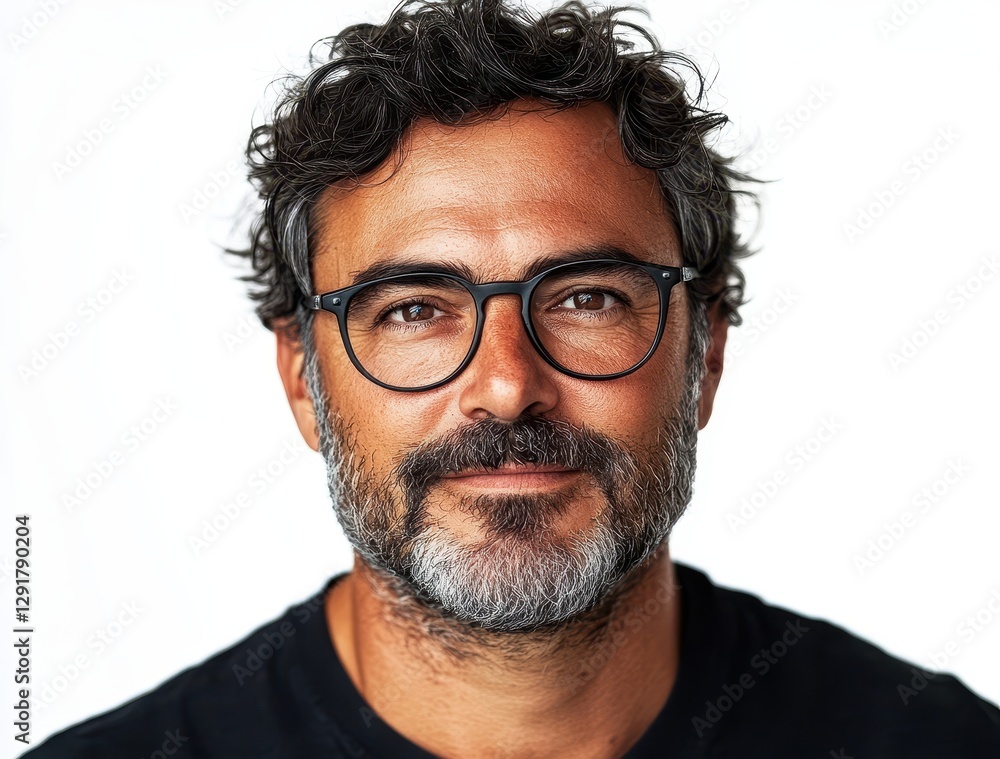 Confident middle-aged man with curly hair and glasses smiling at the camera against a light background showcasing a warm and inviting personality Confident middle-aged man with curly hair and glasses smiling at the camera against a light background showcasing a warm and inviting personality