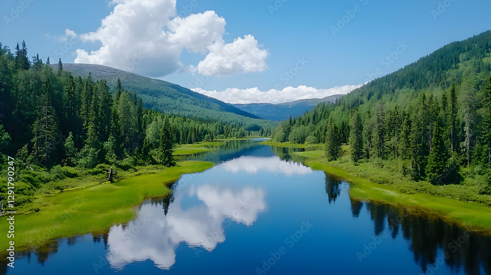 Calm river reflecting clouds in mountain valley Calm river reflecting clouds in mountain valley