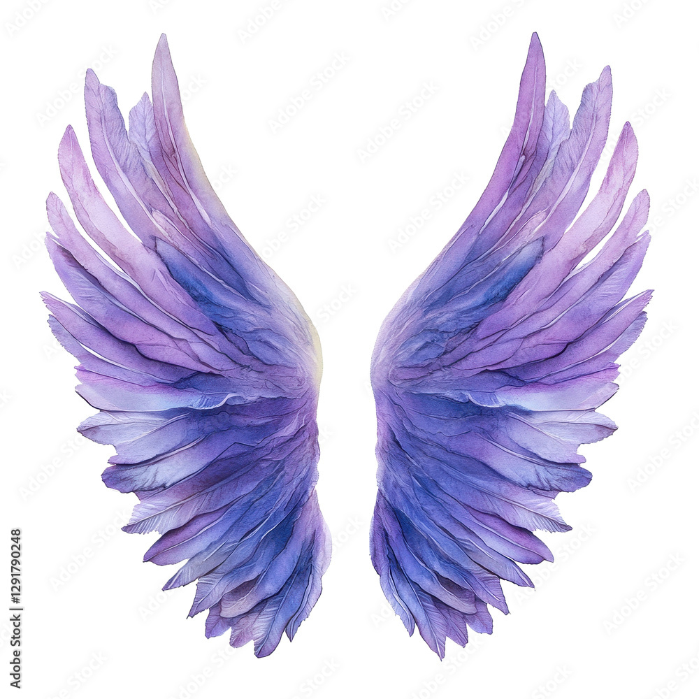 Fototapeta premium Purple angel wings on Transparent background creating a serene and ethereal atmosphere for creative designs, Purple Angel Wings isolated on PNG background PNG background