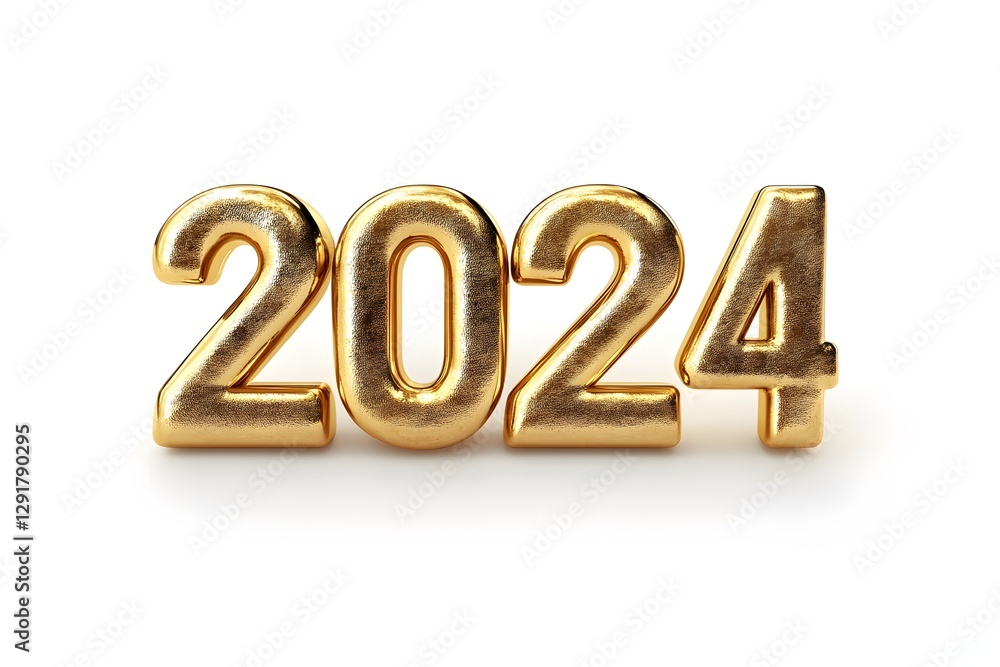 Gold 3D 2024 number isolated on white background, new year celebration, shiny metallic digits Gold 3D 2024 number isolated on white background, new year celebration, shiny metallic digits