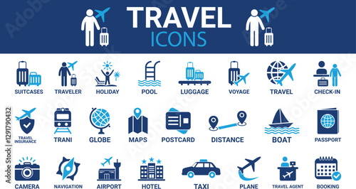 Travel icon set. Summer vacations and holiday symbol vector illustration. Collection of travel and tourism elements.
