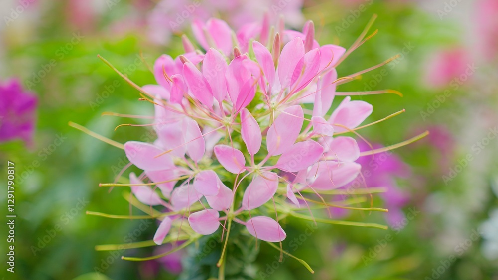 Obraz premium Close-up of a vibrant pink spider flower in full bloom, surrounded by lush green foliage in a garden.