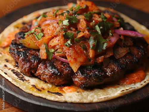 A smoky Korean bulgogi taco topped with kimchi slaw. photo