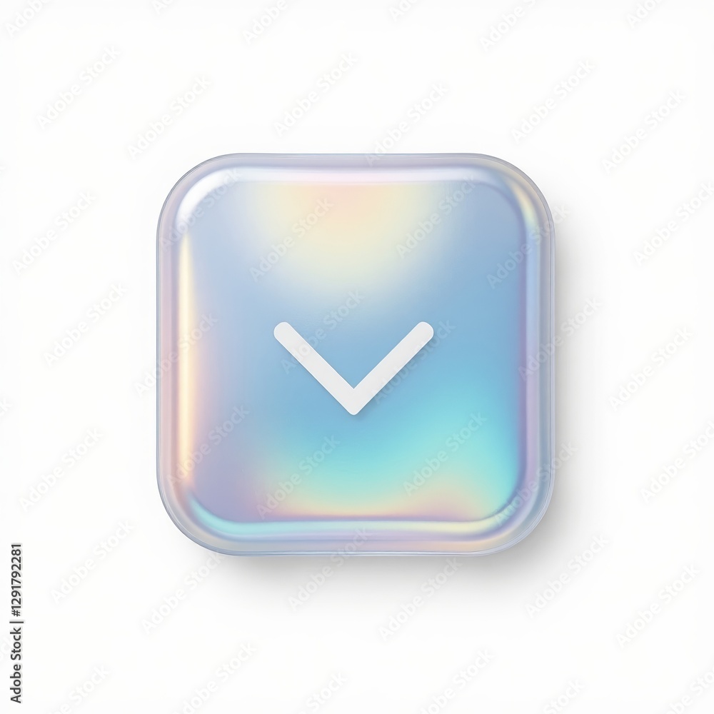 Iridescent button with downward arrow on white background Iridescent button with downward arrow on white background