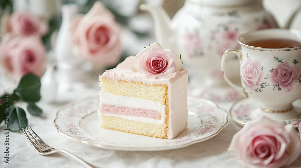 Classic Battenberg cake in an elegant café setting, served with a fine porcelain tea set and pastel pink roses Classic Battenberg cake in an elegant café setting, served with a fine porcelain tea set and pastel pink roses