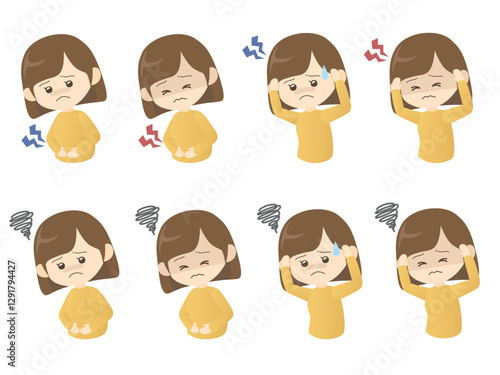 腹痛や頭痛で体調不良の女性のイラストセット