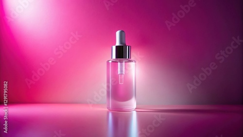 A glass bottle with a dropper filled with pink liquid sits on a reflective surface against a vibrant magenta background.