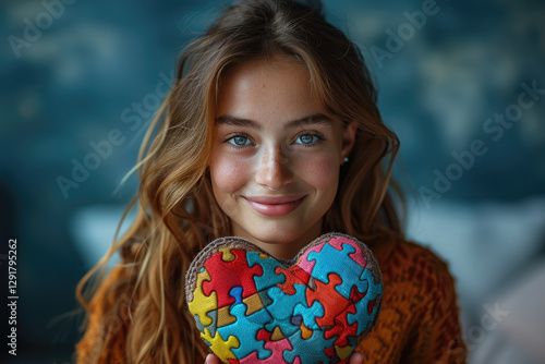 The sweet girl is smiling and holding a puzzle heart in her hands. World Autism Awareness Day.World Autism Recognition Day.