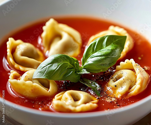 a bowl of tomato soup with tortellini, garnished with fresh basil leaves. photo