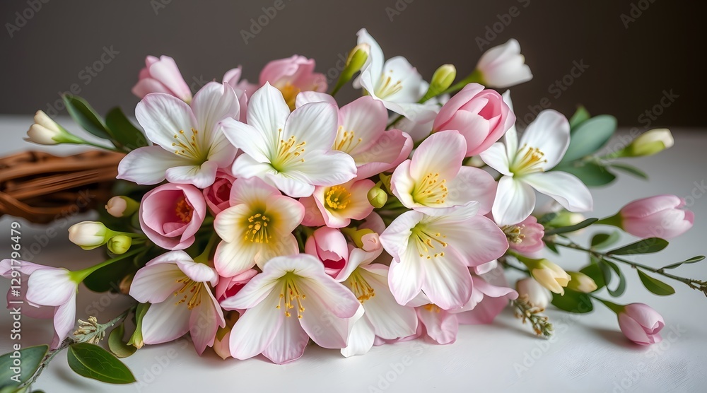Obraz premium The image showcases a beautifully arranged bouquet of pink and white flowers with greenery, exuding elegance and freshness, perfect for celebrations or as a heartfelt gift. 