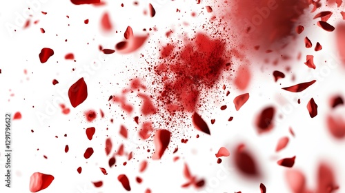 65. Red paprika powder suspended in mid-air, particles floating freely with a sharp cut-out against white