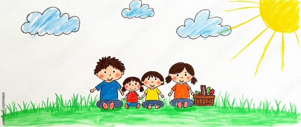 Obraz premium Children drawing with colored pencils - a family of four sitting on green grass, a basket with food, clouds and a bright sun