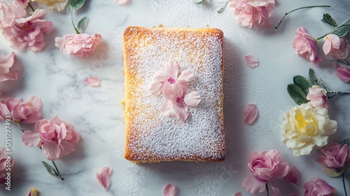 Traditional Battenberg cake on a white marble surface, lightly dusted with powdered sugar and surrounded by delicate sugar flowers photo