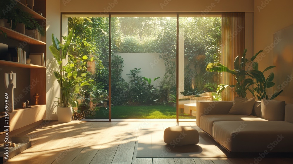 Fototapeta premium Bright Indoor Living Room with Garden View