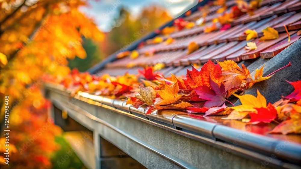 Fototapeta premium Autumn Leaves Accumulated in a Residential Gutter System and on Roof Tiles