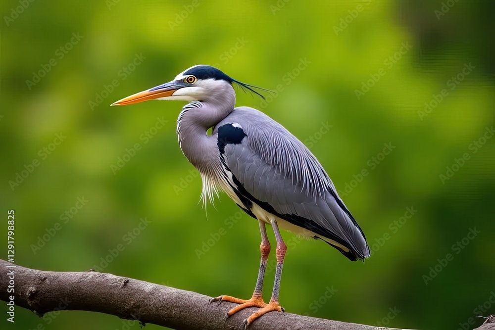 Fototapeta premium Grey Heron Perched on Branch in Lush Green Background