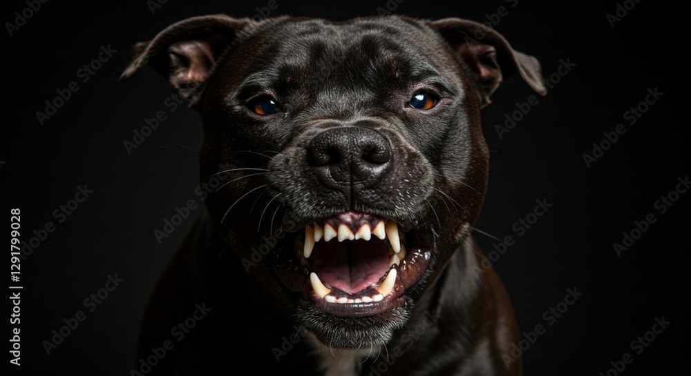 Growling Black Staffordshire Bull Terrier Shows Aggressive Teeth on Dark Backdrop Growling Black Staffordshire Bull Terrier Shows Aggressive Teeth on Dark Backdrop