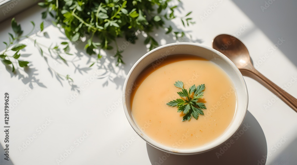 A creamy bowl of soup garnished with fresh thyme, beautifully presented in natural light, evoking a sense of comfort and healthy dining experience, perfect for food enthusiasts and culinary lovers. A creamy bowl of soup garnished with fresh thyme, beautifully presented in natural light, evoking a sense of comfort and healthy dining experience, perfect for food enthusiasts and culinary lovers.