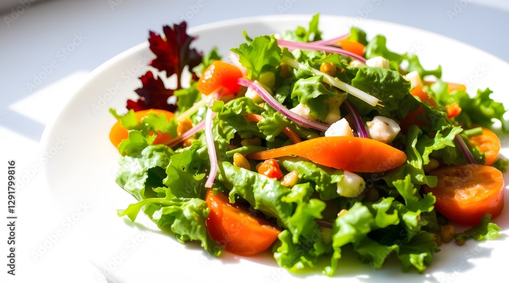 A vibrant and fresh salad featuring crisp greens, ripe tomatoes, and carrots, beautifully arranged on a plate, showcasing a healthy and nutritious meal. A vibrant and fresh salad featuring crisp greens, ripe tomatoes, and carrots, beautifully arranged on a plate, showcasing a healthy and nutritious meal.