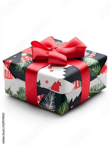 Festive Gift Wrapped in Holiday Design - A Christmas gift wrapped in festive paper with a red ribbon. Perfect for holiday marketing photo