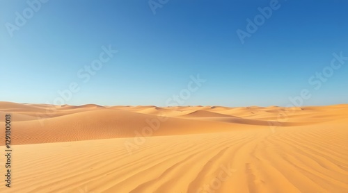 A stunning desert landscape featuring endless golden sand dunes under a clear blue sky, capturing the essence of tranquility and the beauty of nature's vastness.   