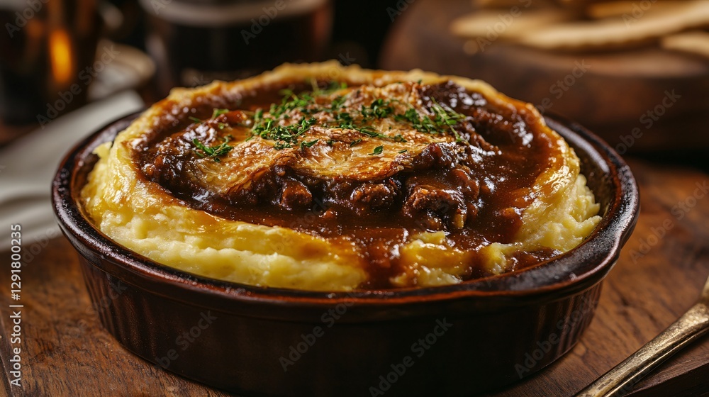 Beef and stout pie with thick, velvety mash, presented on a mahogany table with a moody pub-style backdrop Beef and stout pie with thick, velvety mash, presented on a mahogany table with a moody pub-style backdrop