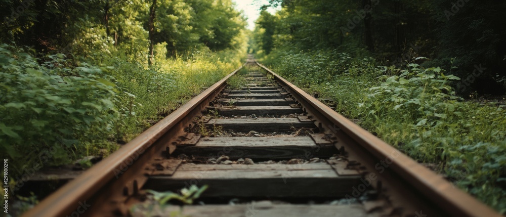 Fototapeta premium Railroad tracks stretch into the distance, surrounded by overgrown greenery, under the quiet embrace of nature.