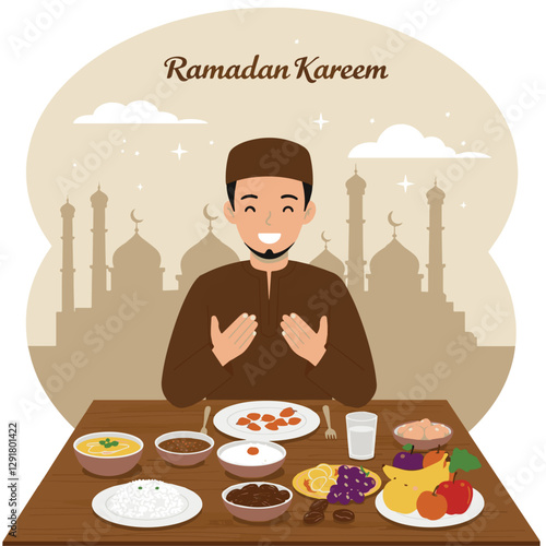 Adobe Illustrator Artwork vector illustration muslim islamic people eating food at iftar time or ramadan dinner time. islam people eat in break the fast time. ramadan. in Indonesian buka puasa