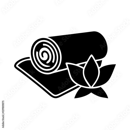 Yoga bolster icon, yoga mat with lotus flower, monochrome style, with copy space