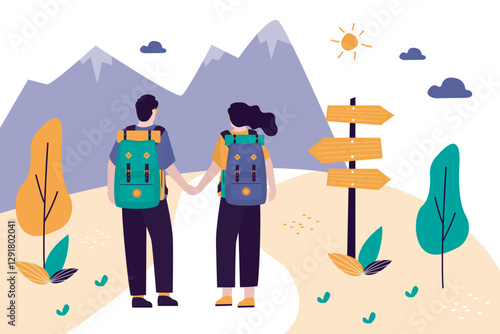 Young woman and man couple hiking in mountains. Friends with backpacks on journey, nature landscape on background. Characters back view. Travel, vacation or adventure