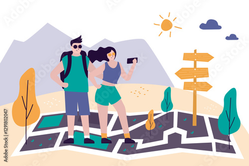 Young woman and man couple go hiking. Friends with backpacks on journey, nature landscape on background. Travel, vacation or adventure.