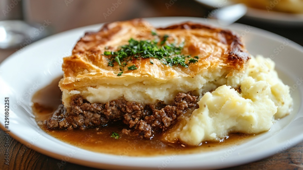 Golden-brown meat pie with creamy mashed potatoes, served on a traditional white plate with a drizzle of green parsley liquor sauce Golden-brown meat pie with creamy mashed potatoes, served on a traditional white plate with a drizzle of green parsley liquor sauce